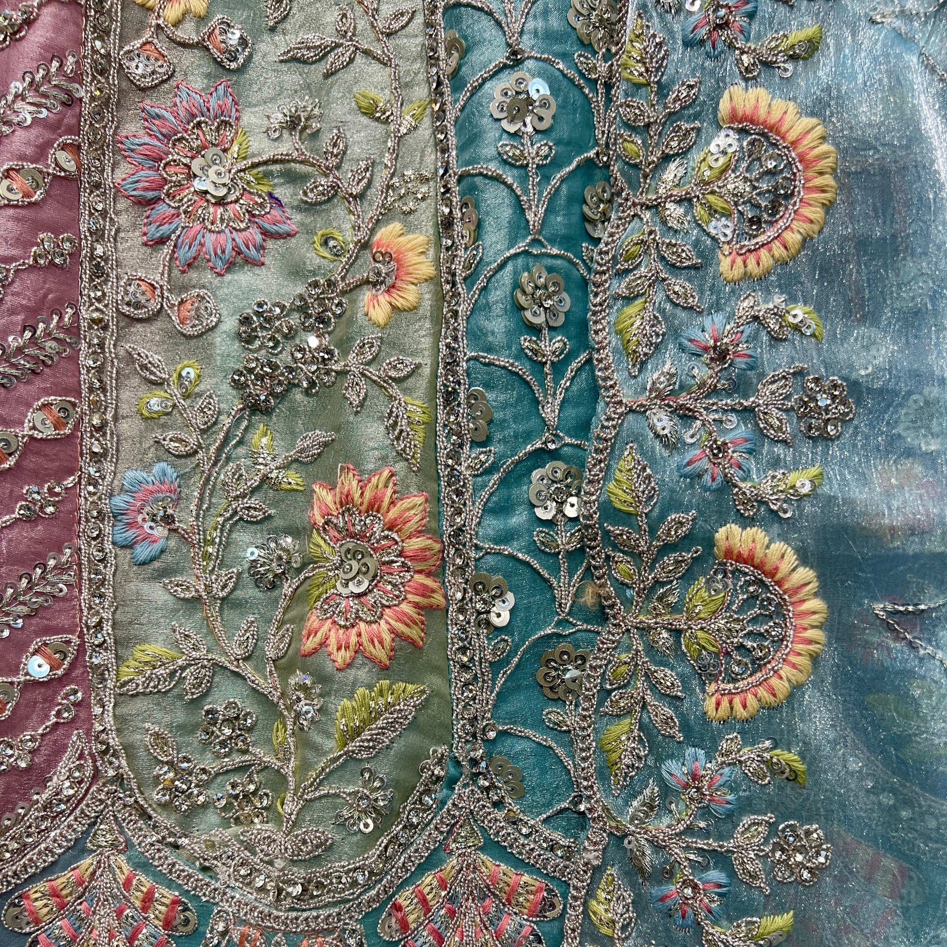 Cherry Blossom - Tissue Silk Multicolor Engagement & Reception Lehenga Design