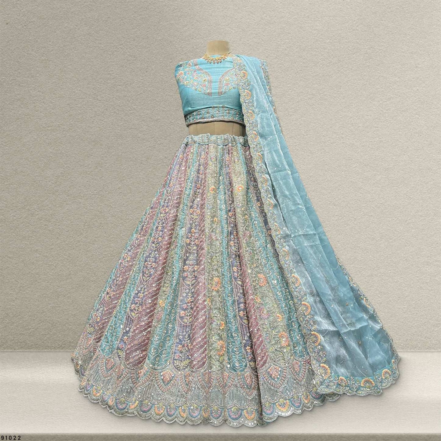 Cherry Blossom - Tissue Silk Multicolor Engagement & Reception Lehenga Design