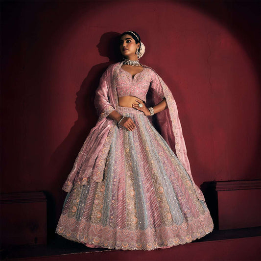 Cherry Blossom - Tissue Silk Multicolor Engagement & Reception Lehenga Design