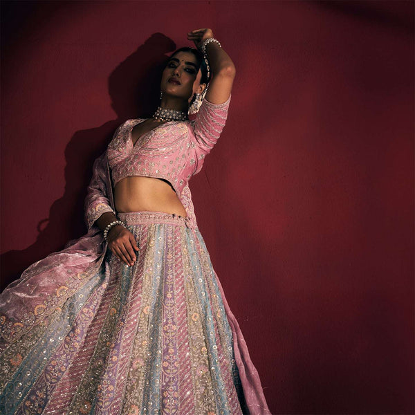 Cherry Blossom - Tissue Silk Multicolor Engagement & Reception Lehenga Design