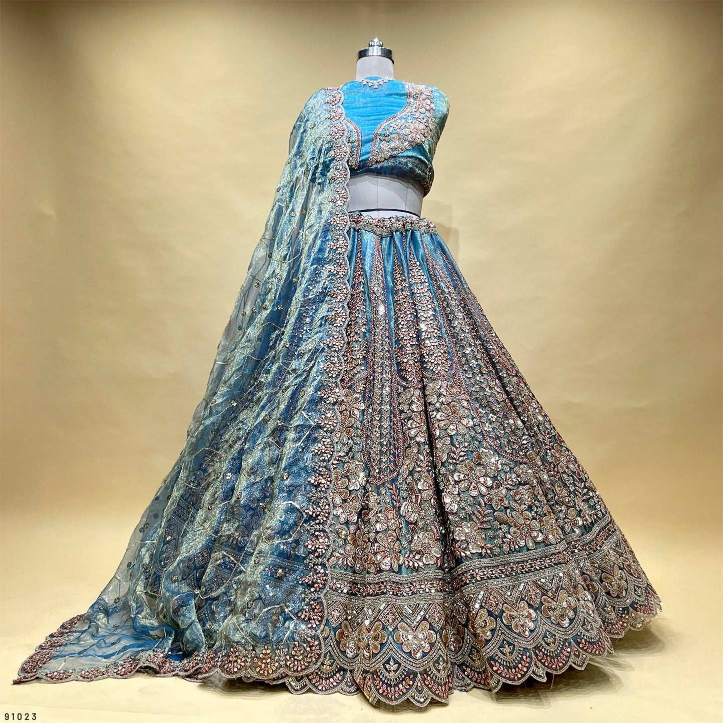 Cherry Blossom - Soft Silk Golden Work Royal Look Partywear Lehenga Electric Blue