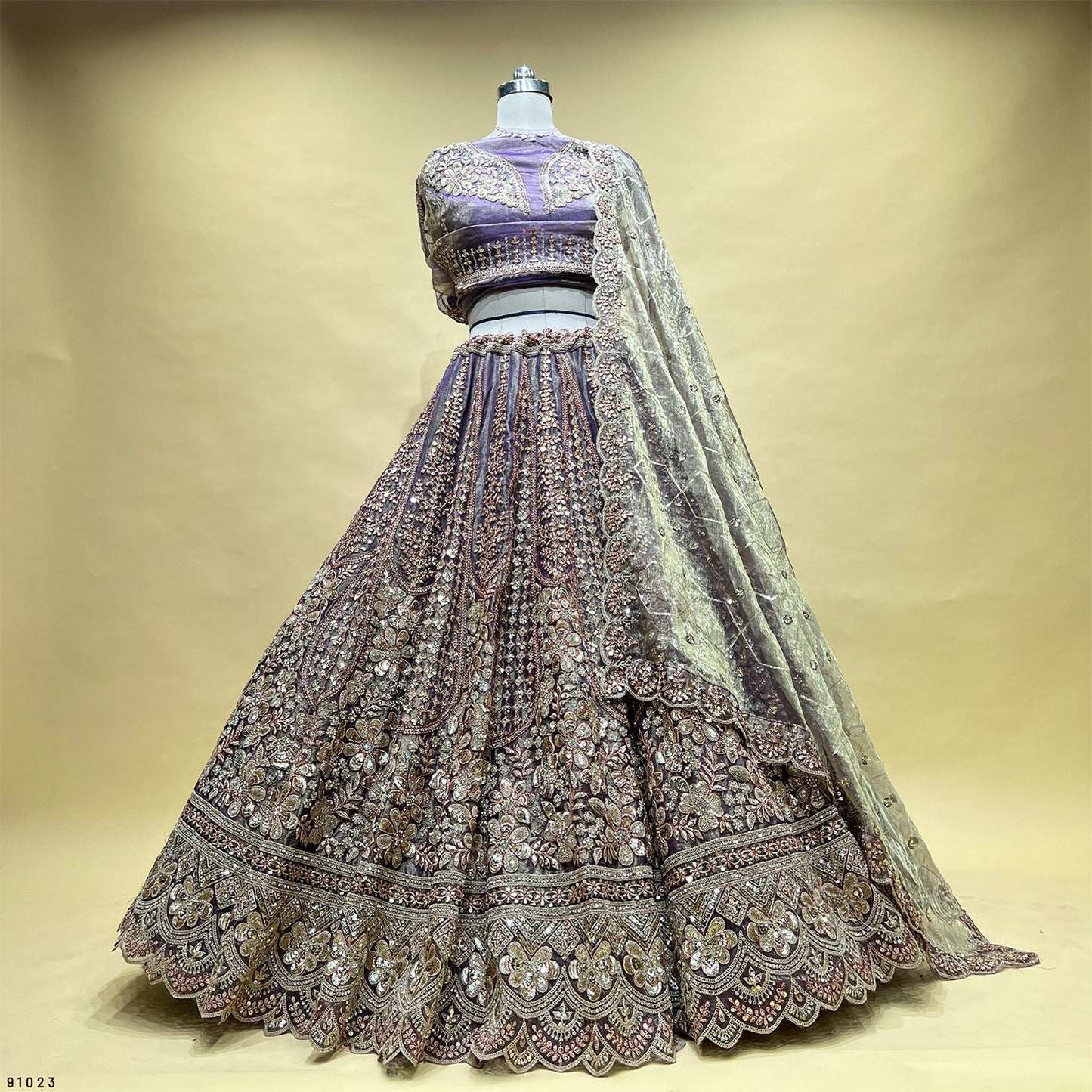 Cherry Blossom - Soft Silk Golden Work Royal Look Partywear Lehenga Purple Satin
