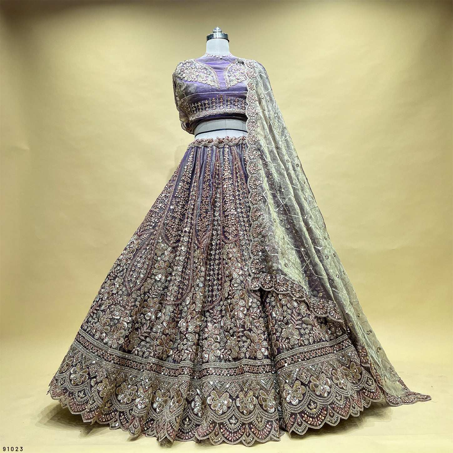 Cherry Blossom - Soft Silk Golden Work Royal Look Partywear Lehenga Purple Satin