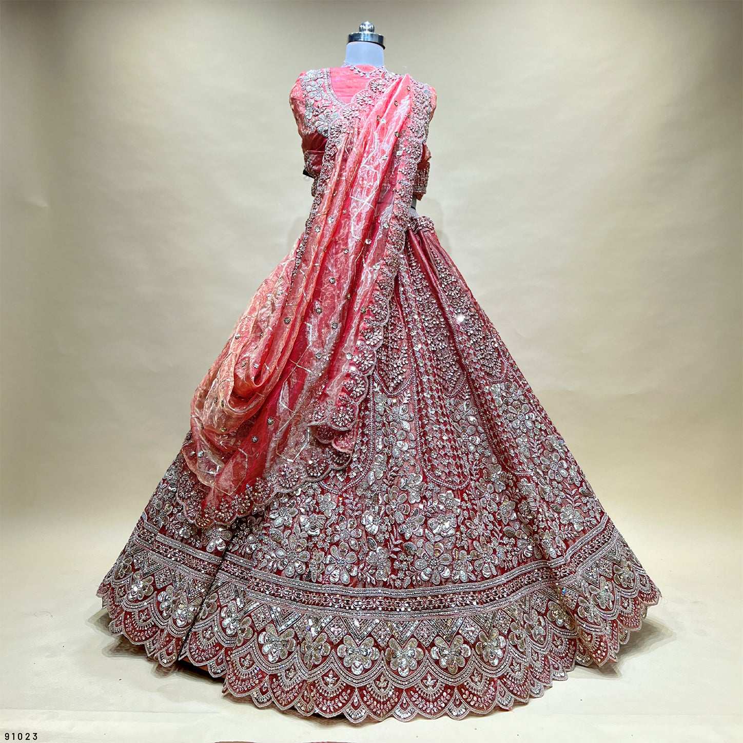Cherry Blossom - Soft Silk Golden Work Royal Look Partywear Lehenga Sunset Orange