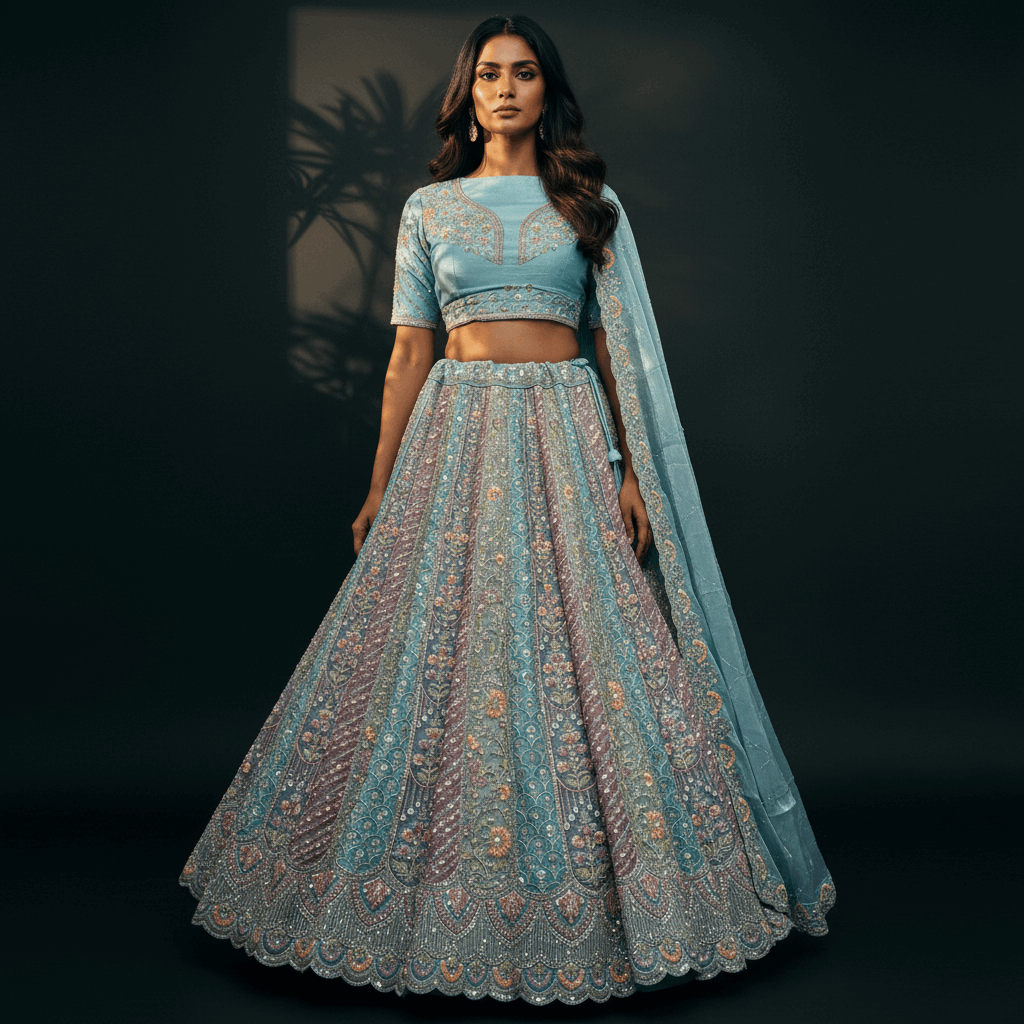 Cherry Blossom - Tissue Silk Multicolor Engagement & Reception Lehenga Design