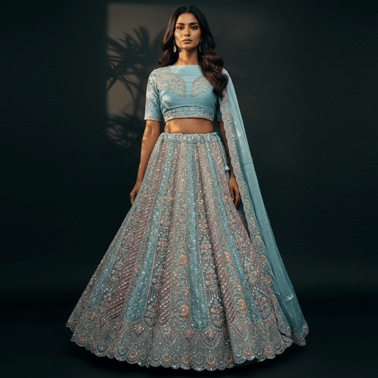 Cherry Blossom - Tissue Silk Multicolor Engagement & Reception Lehenga Design