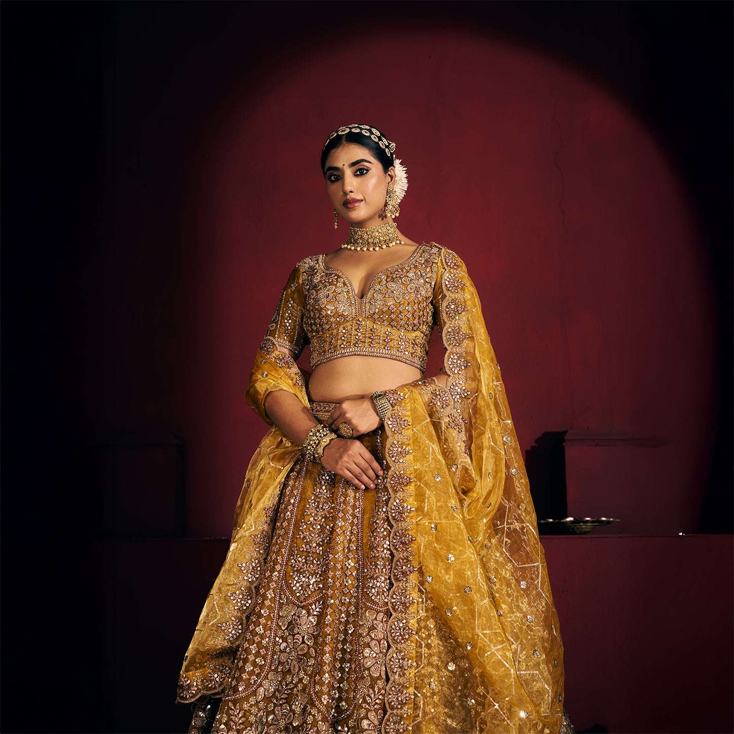 Cherry Blossom - Soft Silk Golden Work Royal Look Partywear Lehenga Sunrise Gold