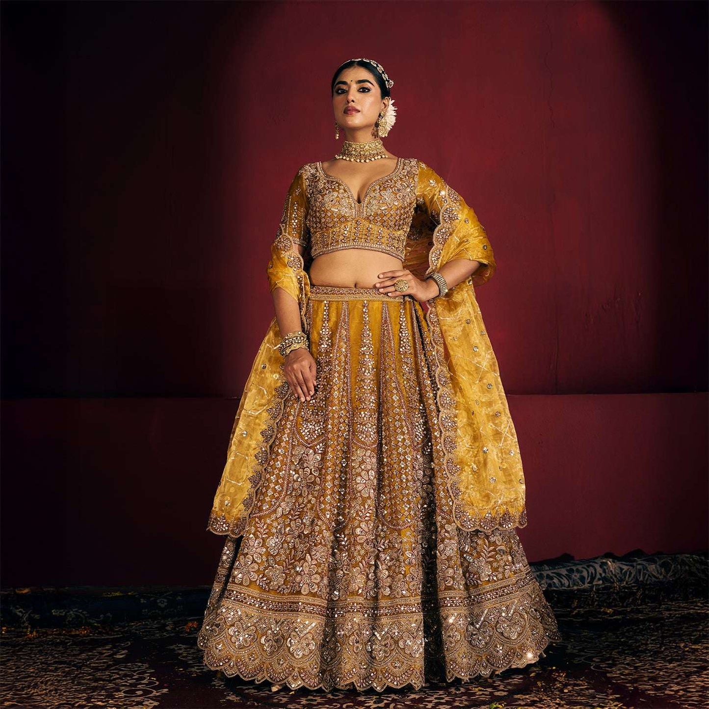 Cherry Blossom - Soft Silk Golden Work Royal Look Partywear Lehenga Sunrise Gold
