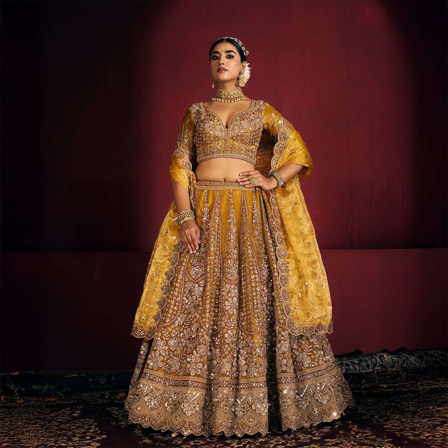 Cherry Blossom - Soft Silk Golden Work Royal Look Partywear Lehenga Sunrise Gold