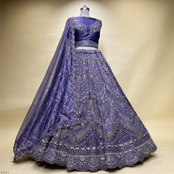 Cherry Blossom - Soft Tissue Blooming Purple Gorgeous Partywear Lehenga