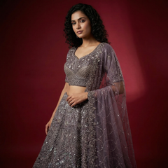 Embellished deep purple lehenga skirt with sequin motifs, sheer net dupatta and blouse
