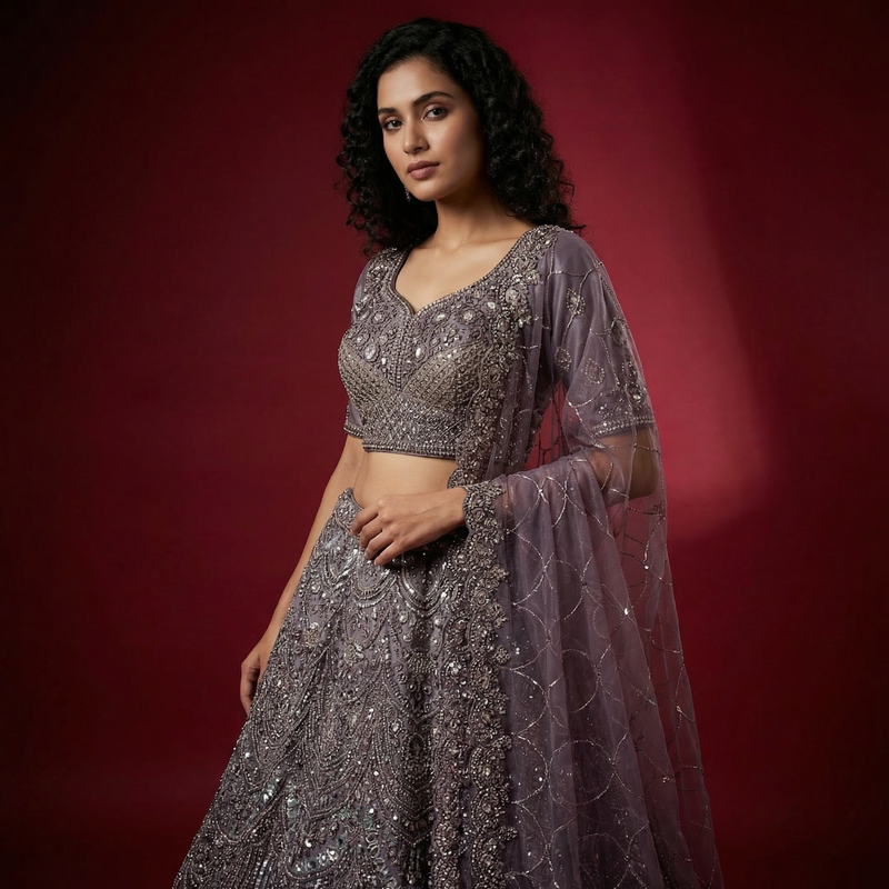 Embellished deep purple lehenga skirt with sequin motifs, sheer net dupatta and blouse