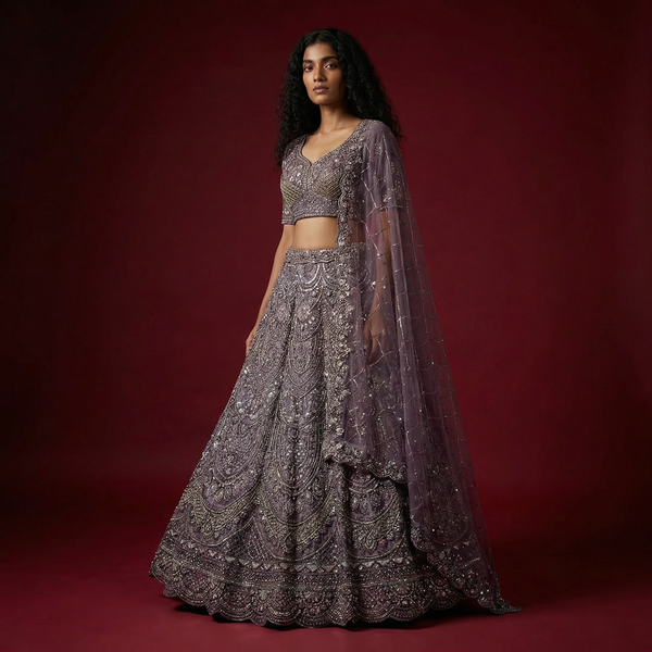 Cherry Blossom - Soft Tissue Deep Purple Shimmer Partywear Lehenga