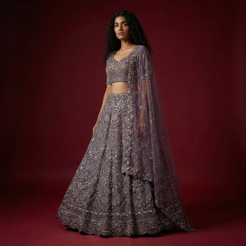 Deep purple lehenga with silver sequin embroidery, sheer net dupatta and fitted blouse