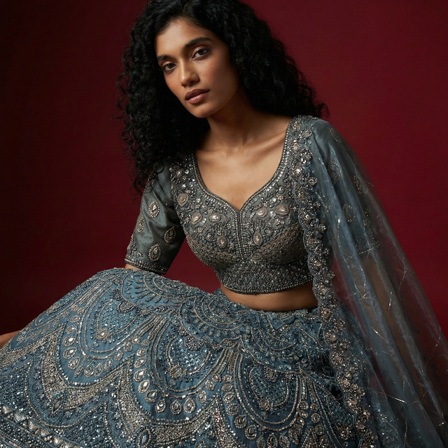 Embroidered blue lehenga blouse with matching skirt and draped dupatta
