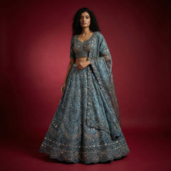 Mystic blue lehenga with silver sequin stone embroidery and matching dupatta