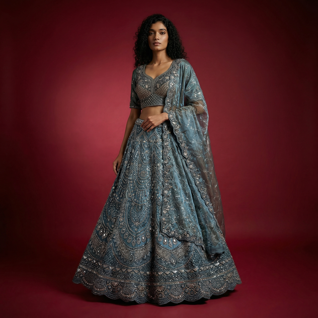Blue shimmer lehenga with embroidered blouse and draped sheer dupatta