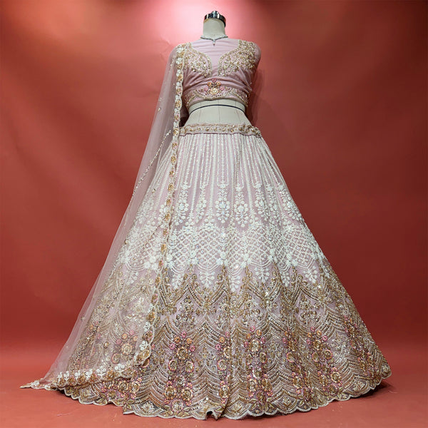 Jazzagals - Baby Pink Net Pearl & Cutdana Ombre Handwork Lehenga