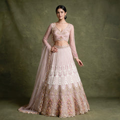 Baby pink embellished lehenga skirt with net dupatta, pearl and cutdana work