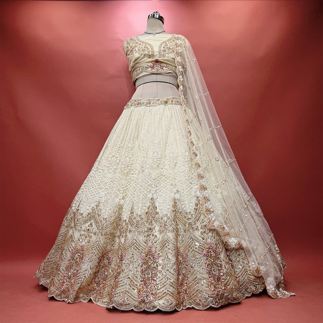 Jazzagals - Off White Net Pearl & Cutdana Ombre Handwork Lehenga