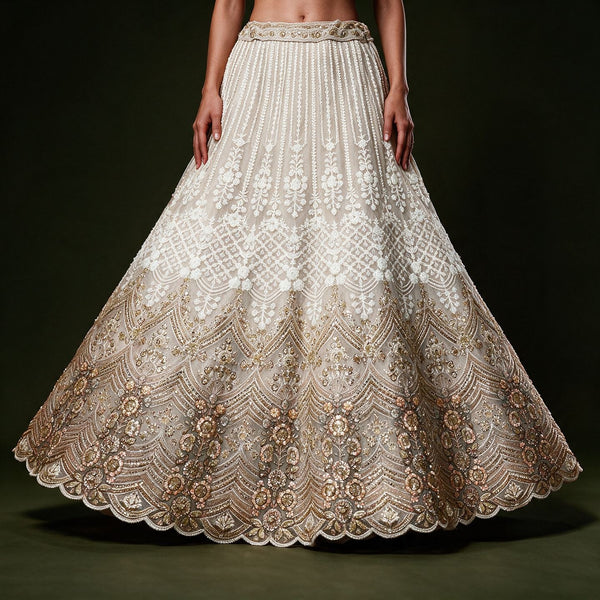 Off-white embellished lehenga skirt with ombre detailing and ornate border trim