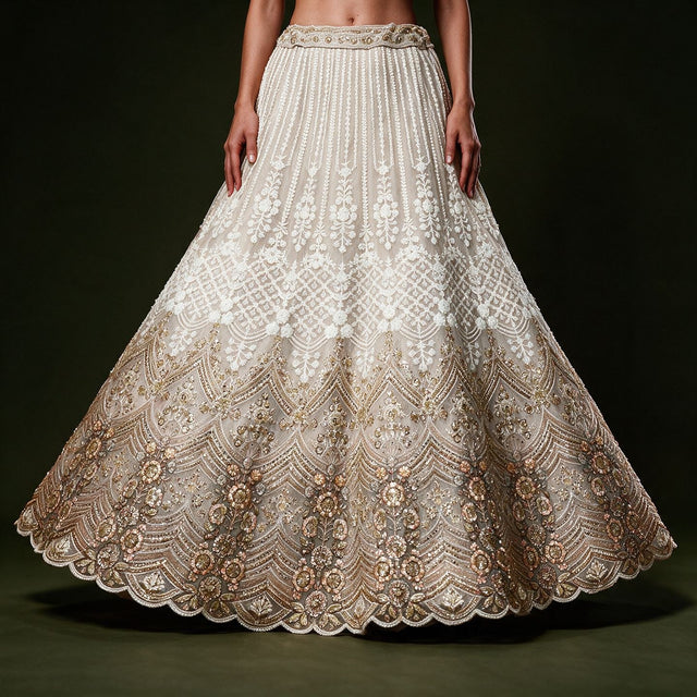 Off-white embellished lehenga skirt with ombre detailing and ornate border trim