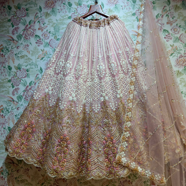 Jazzagals - Baby Pink Net Pearl & Cutdana Ombre Handwork Lehenga