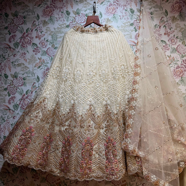 Jazzagals - Off White Net Pearl & Cutdana Ombre Handwork Lehenga