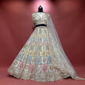 Off-white net pastel patchwork lehenga with embroidered bodice and veil