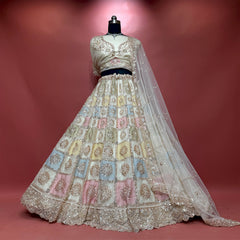 Cherry Blossom - Off White Net Pastel Patchwork Lehenga