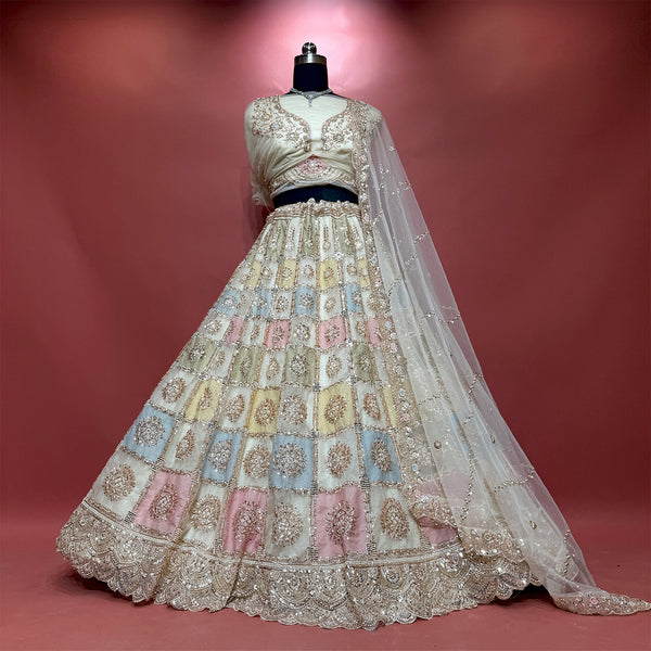 Cherry Blossom - Off White Net Pastel Patchwork Lehenga