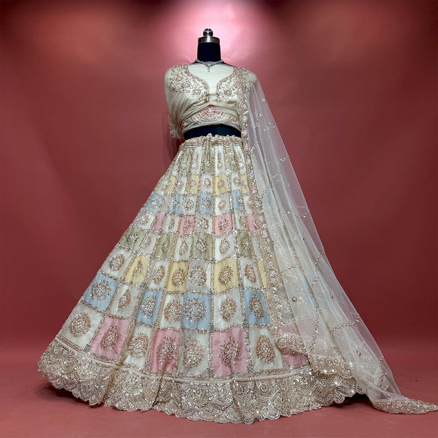 Cherry Blossom - Off White Net Pastel Patchwork Lehenga