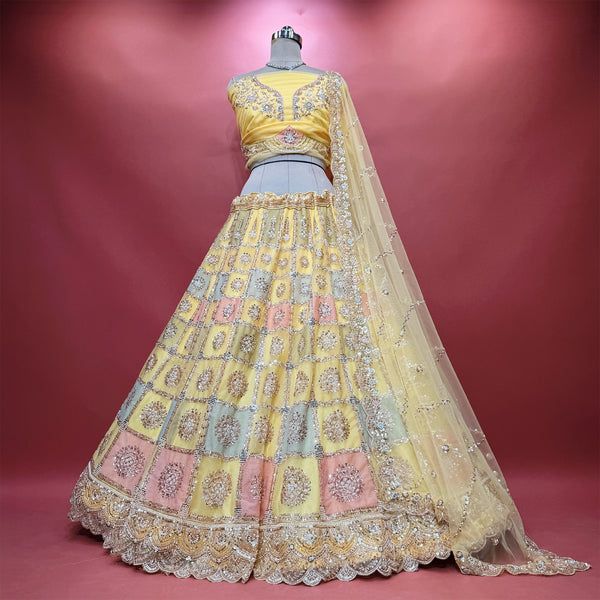 Cherry Blossom - Yellow Net Pastel Patchwork Lehenga