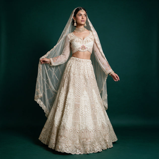 Jazzagals - Off White Net Lehenga with Golden Cutdana and Pearl Work