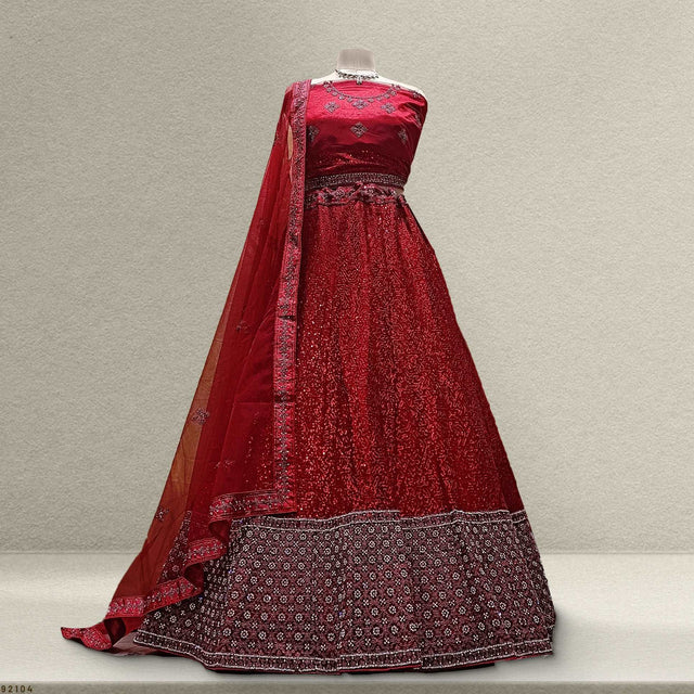 Maroon stone-sequin net sidir lehenga with embroidered border and matching dupatta