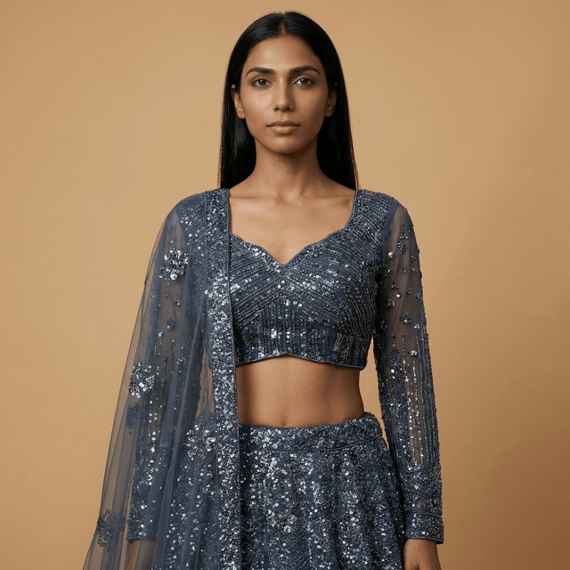 Dark grey embellished cropped blouse with sheer long-sleeve overlay and dupatta