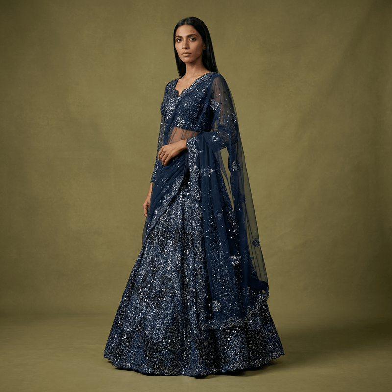 Jazzagals - Designer Handwork Couture Cocktail Sangeet Lehenga Navy Blue