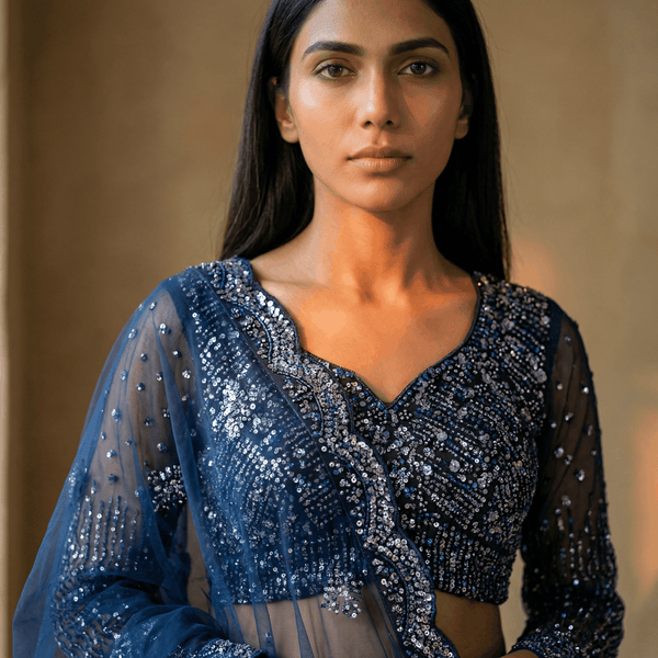 Jazzagals - Designer Handwork Couture Cocktail Sangeet Lehenga Navy Blue