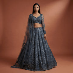 Dark grey sequin lehenga set with sheer long sleeves and V-neck blouse