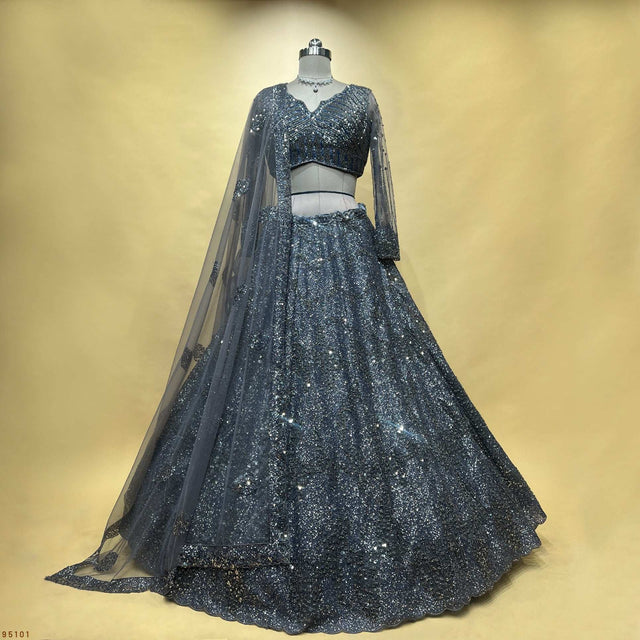 Grey sequin lehenga set with cropped blouse and sheer embellished dupatta