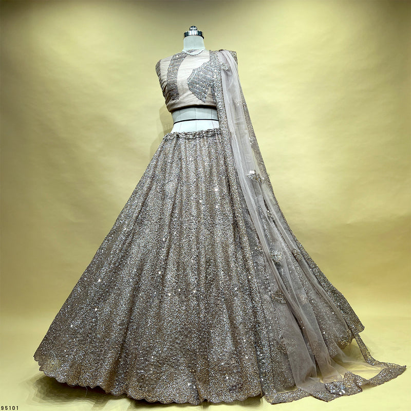 Jazzagals - Designer Handwork Couture Reception Lehenga Chikoo Color