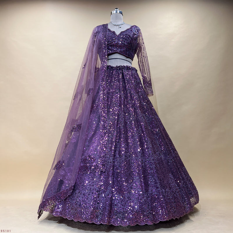Mannequin lehenga with sequin deep wine purple skirt and long sheer overlay sleeves