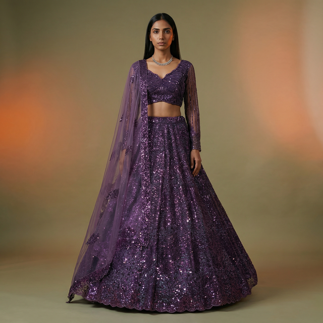 Purple sequined reception lehenga with matching sheer dupatta and long sleeves