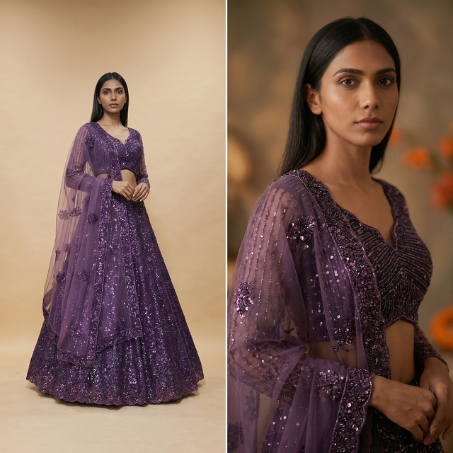 Purple sequined lehenga with sheer sleeves, sparkly bodice, and flowing dupatta