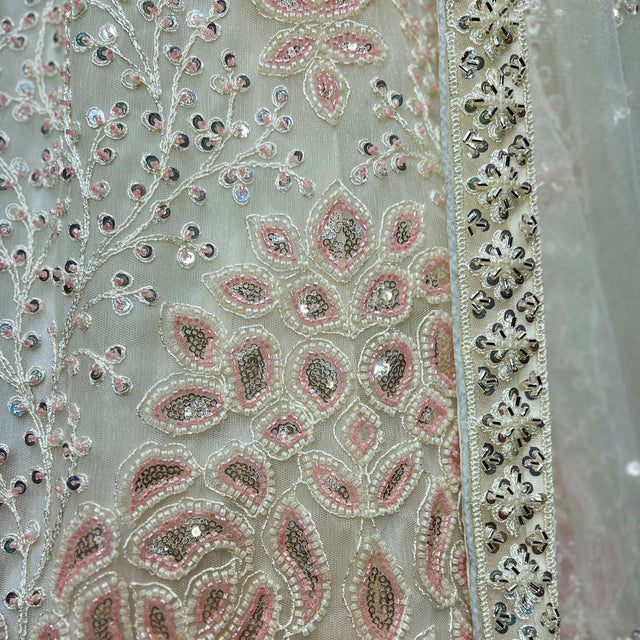 Pearl white embroidered beadwork motifs on net fabric with sequin detailing