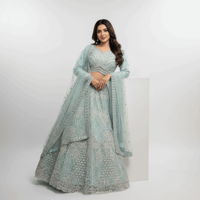Sky blue beaded pearl embellished lehenga with matching dupatta and long sleeves