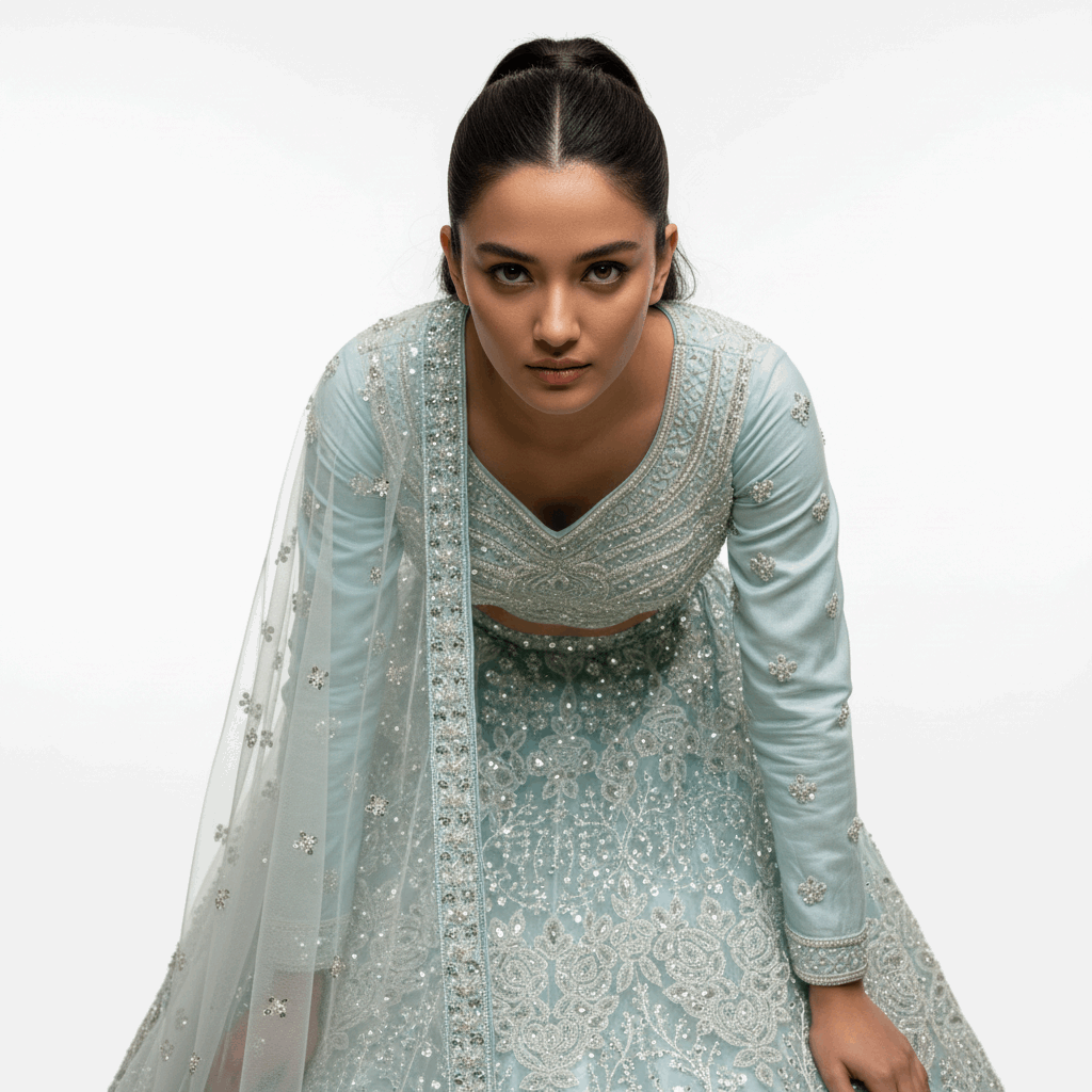 Jazzagals - Beads & Pearls Handwork Sky Blue Engagement Lehenga