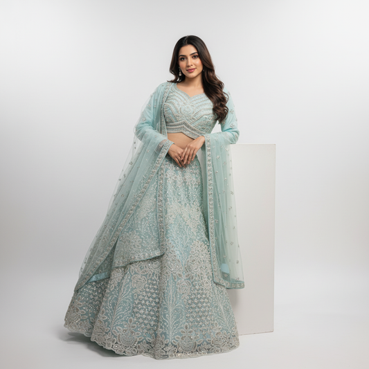Jazzagals - Beads & Pearls Handwork Sky Blue Engagement Lehenga