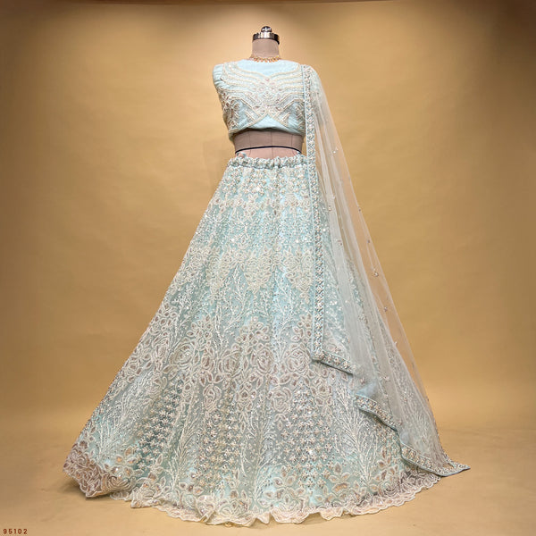 Jazzagals - Beads & Pearls Handwork Sky Blue Engagement Lehenga
