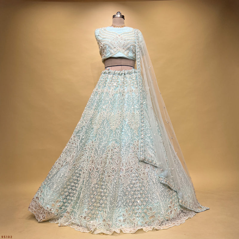 Jazzagals - Beads & Pearls Handwork Sky Blue Engagement Lehenga
